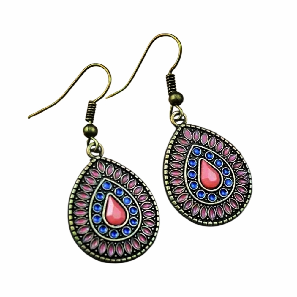 Teardrop Boho Earrings Handmade Bronze Jewelry Vintage Boheme Pink